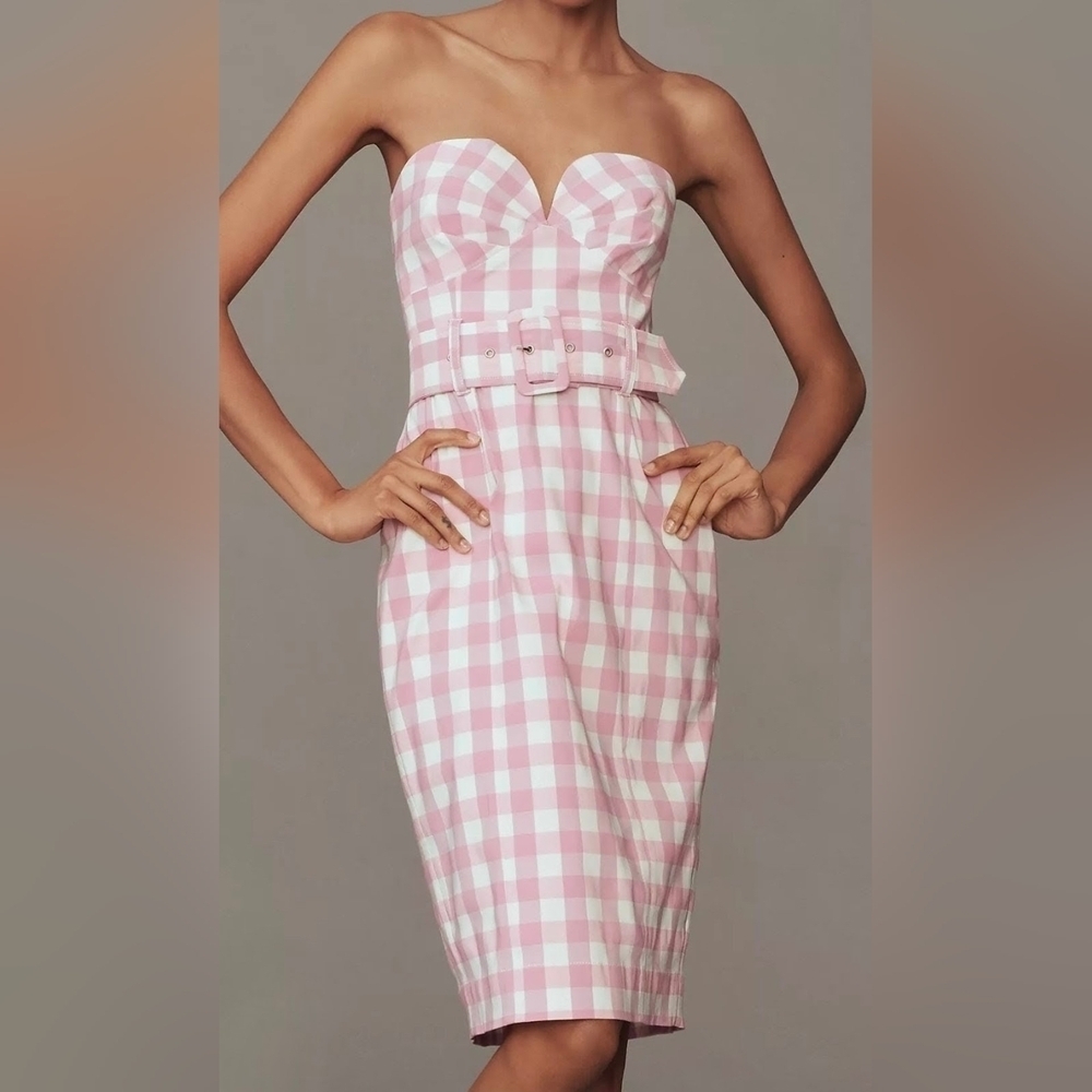 Maeve x Anthropologie Pink & White Strapless Sweetheart Fitted Midi Dress, XL